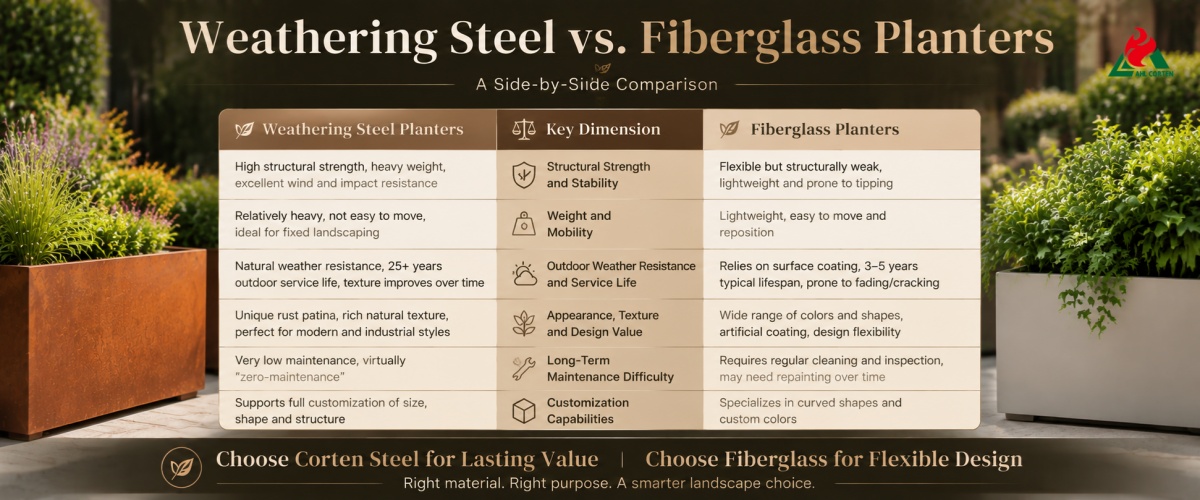 Weathering Steel vs. Fiberglass Planters